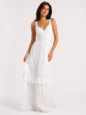 MONIQUE LHUILLIER Tiered Lace Maxi Boho Dress 2 White